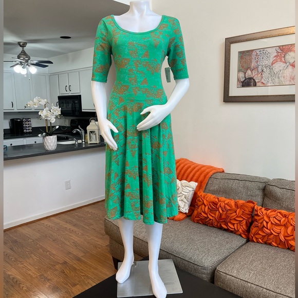 ❣️🆕LuLaroe Green&Orange Printed Nicole Dress❣️ - Picture 2 of 7